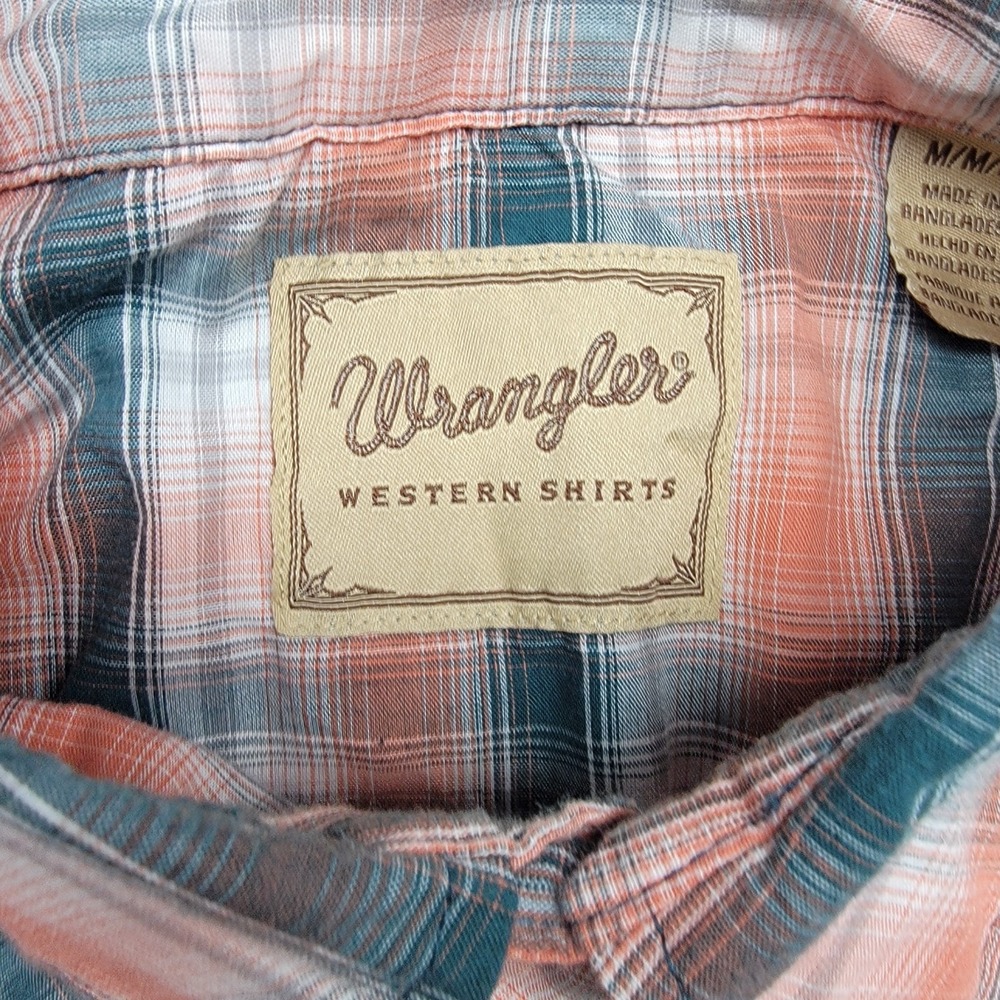 Wrangler Shirt Men's Med Orange Plaid Western Snap Short Sleeve Casual Cowboy - Picture 12 of 14